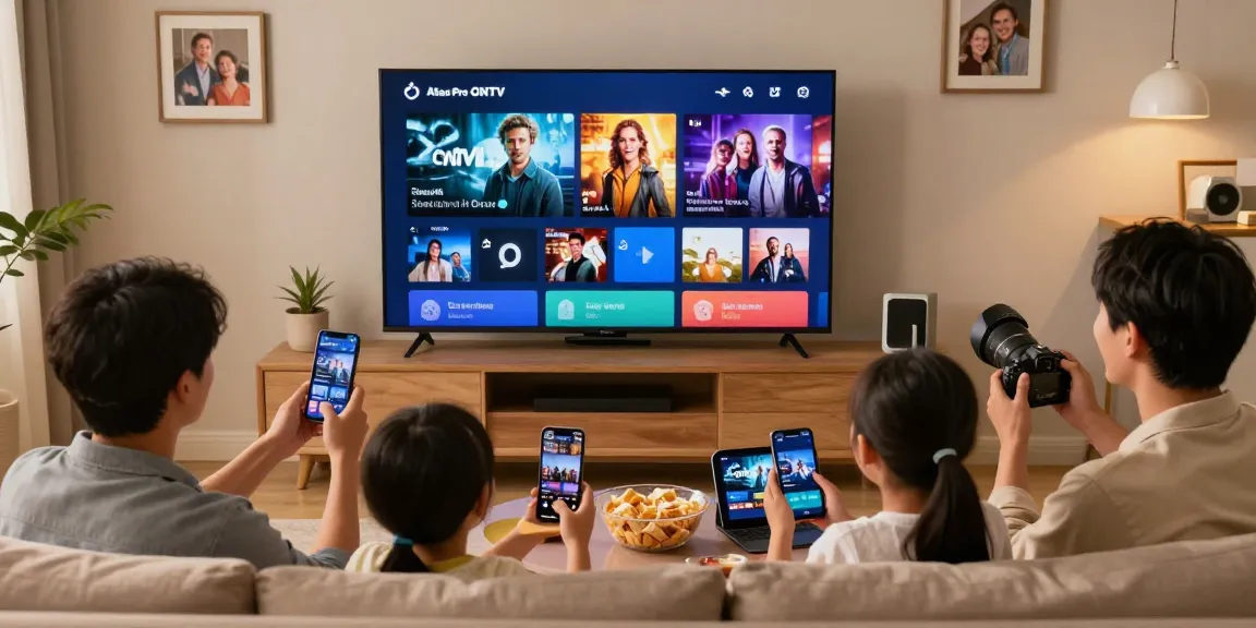 Famille profitant du service atlas pro ontv sur un grand téléviseur intelligent dans un salon accueillant.