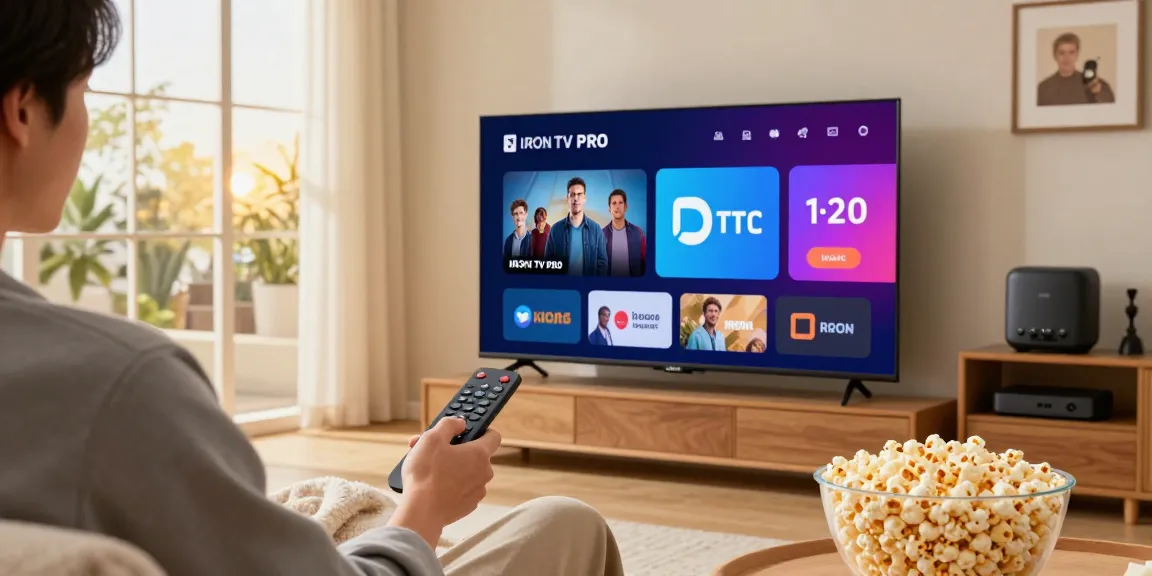 Personne utilisant l'application iron tv sur un Smart TV dans un salon confortable.