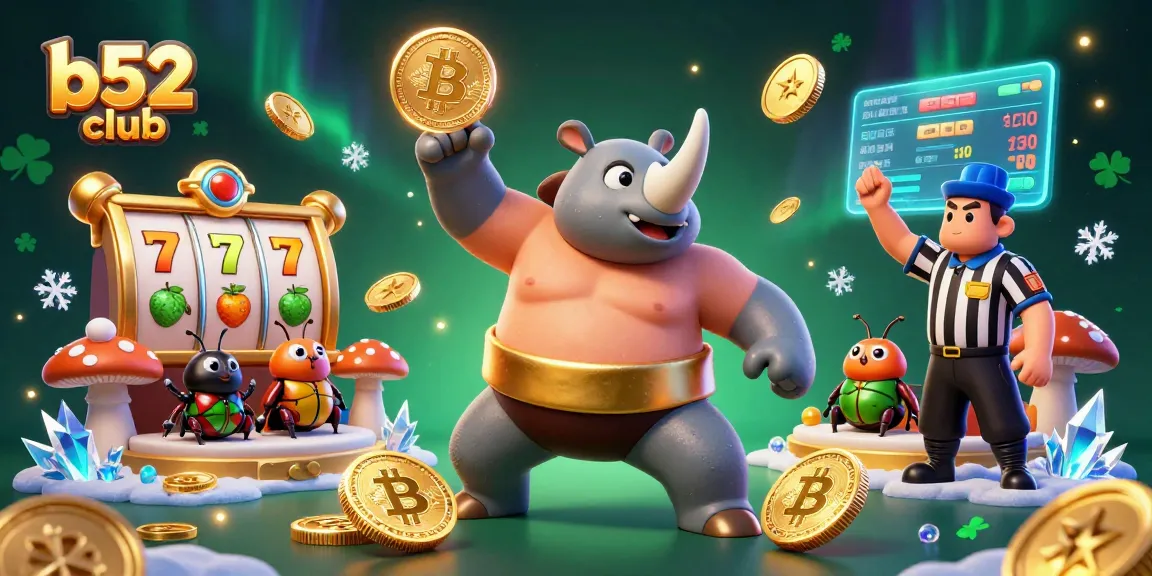 Experience the excitement at b52 club with a sumo champion beetle celebrating wins, surrounded by slot game elements.